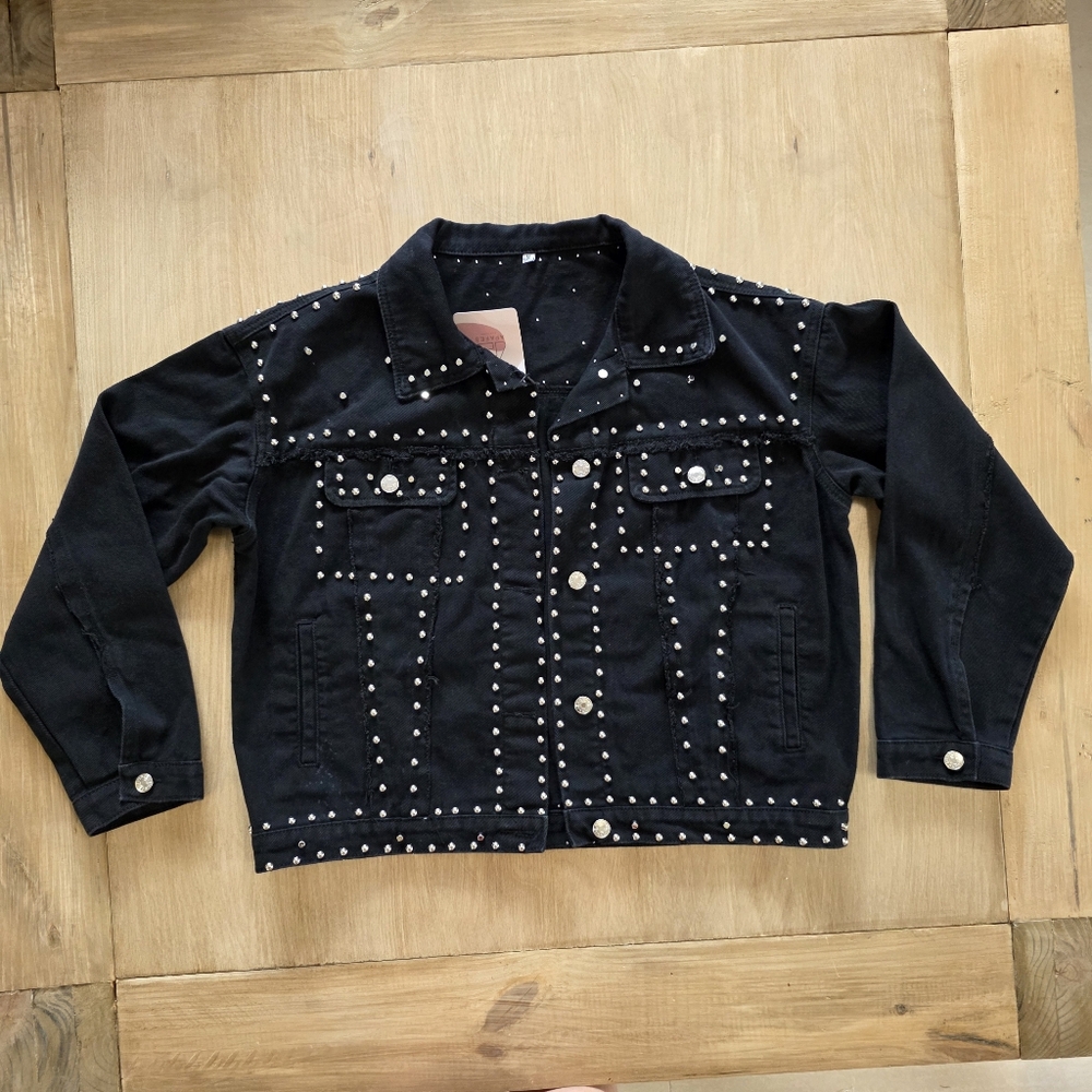 APAFES Studded Black Denim Jacket | Size M | Rhinestone Embellished Jean Jacket